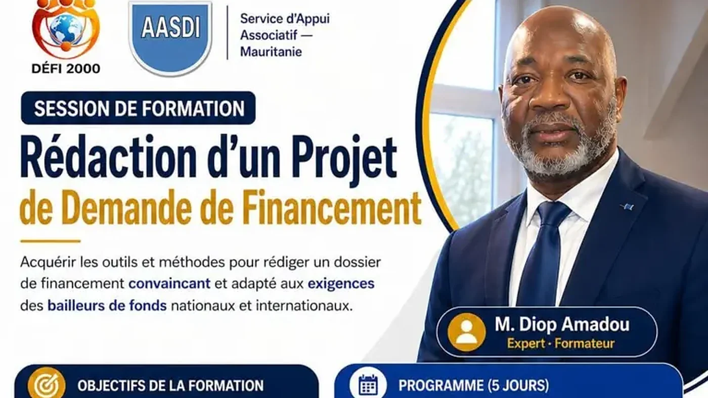 Affiche de la session de formation DEFI 2000 et AASDI : rédaction d’un projet de demande de financement, animée par Amadou Diop, expert et formateur