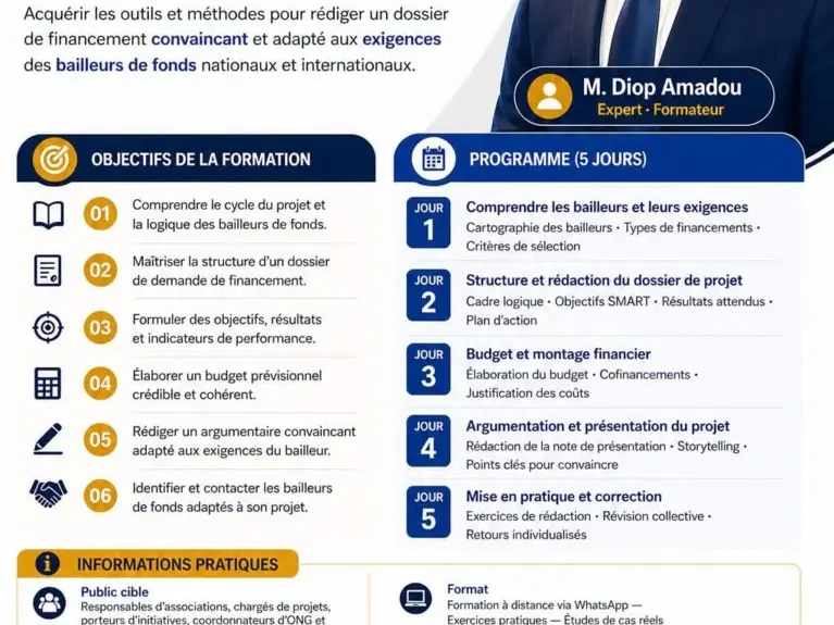 Affiche de la session de formation DÉFI 2000 et AASDI consacrée à la rédaction d’un projet de demande de financement