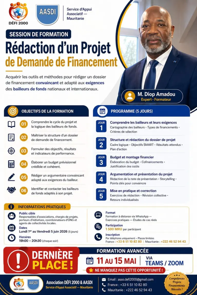 Affiche de la session de formation DEFI 2000 et AASDI consacrée à la rédaction d’un projet de demande de financement