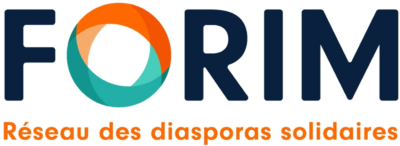 Logo du FORIM : le mot FORIM dont le O forme un anneau orange et turquoise, au-dessus de la mention « Réseau des diasporas solidaires »